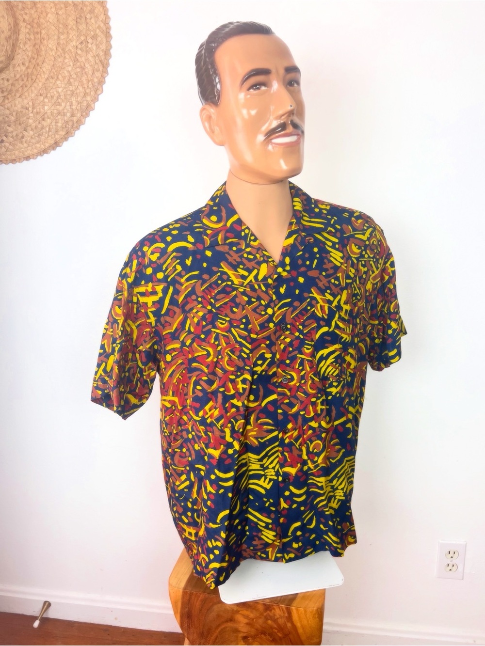 DEMOB 90s Vintage 50s Style Men's Short-Sleeve Rayon Navy Blue Shirt L 46